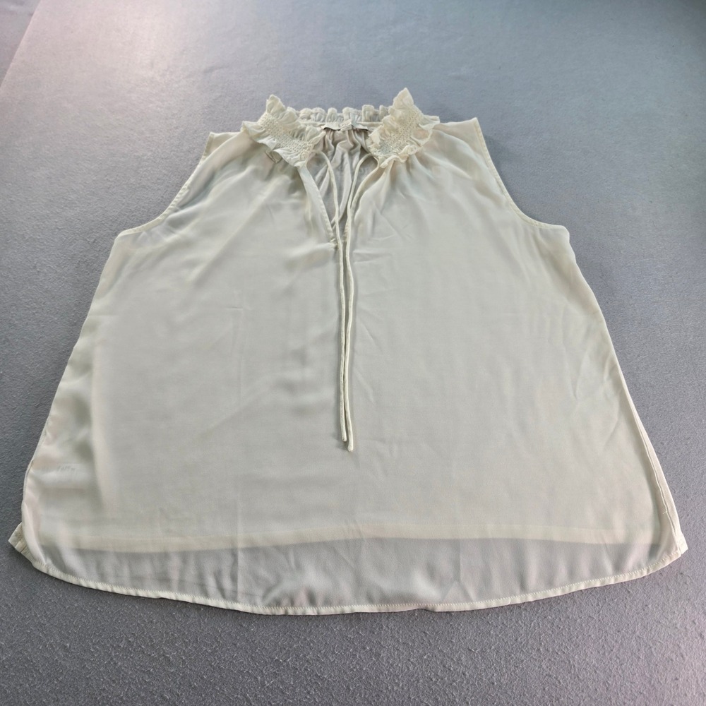 Loft Womens Cream Ivory Smocked Ruffle Neck Tie Front Sleeveless Blouse Large